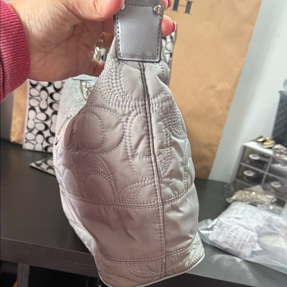 Coach Light Grey Silver Quilted Nylon Signature Hobo Bag - Picture 9 of 14